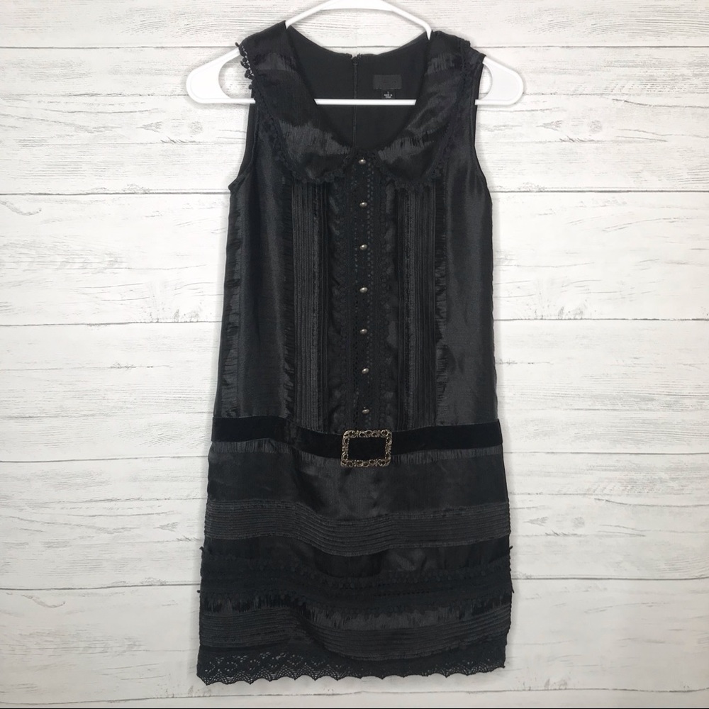 Black Satin Velvet Pleated Crochet Collared Dress
